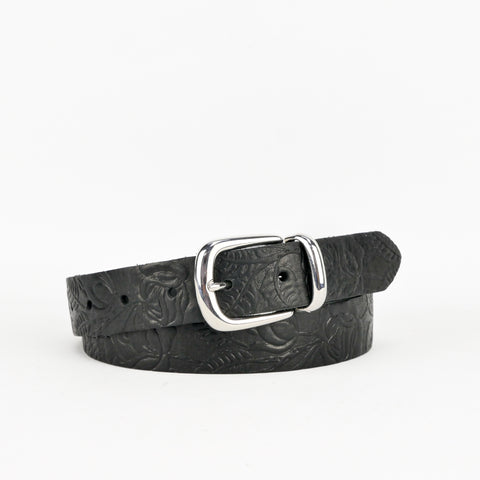 Buckle and Loop 1 1/8" Black Tooled Leather Belt