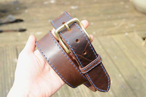 Brown Leather Belt with Blue Stitching | 1 1/2" Wide | 39" - 42"