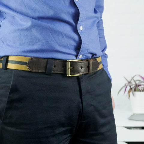 Leather Trimmed Webbing Belt Yellow and Navy