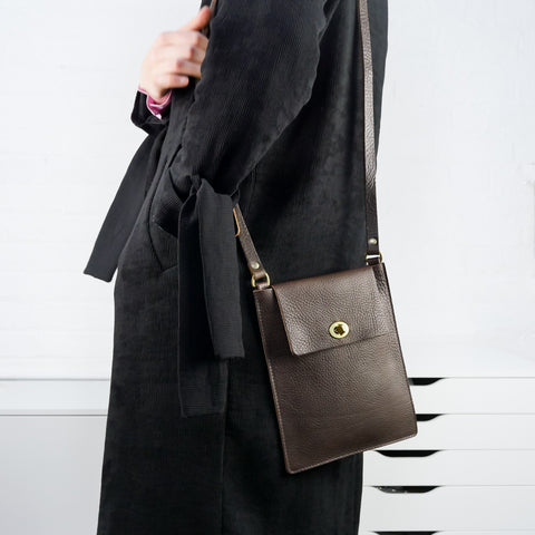 Flat Brown Leather Turnlock Bag