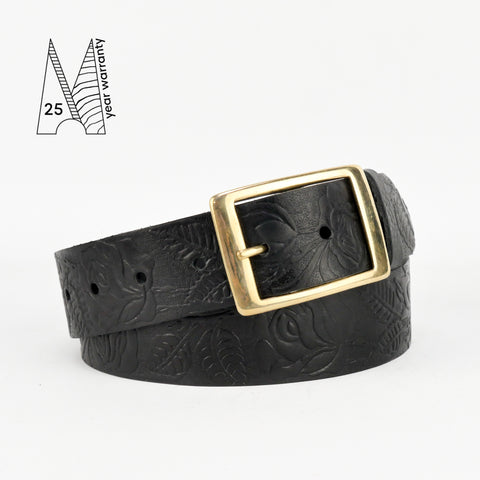 Rose & Leaf Tooled 1 1/2" Black Classic Belt