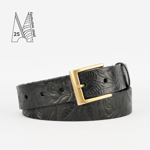 Rose & Leaf Tooled 1 1/4" Black Classic Belt