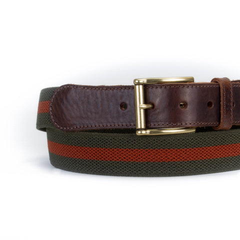 Leather Trimmed Elasticated Webbing Belt Green and Rust