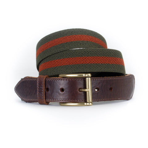 Leather Trimmed Elasticated Webbing Belt Green and Rust