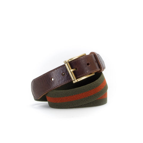 Leather Trimmed Elasticated Webbing Belt Green and Rust