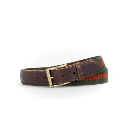 Leather Trimmed Elasticated Webbing Belt Green and Rust