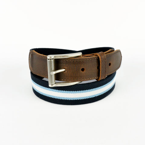 Leather Trimmed Elasticated Webbing Belt Navy and White