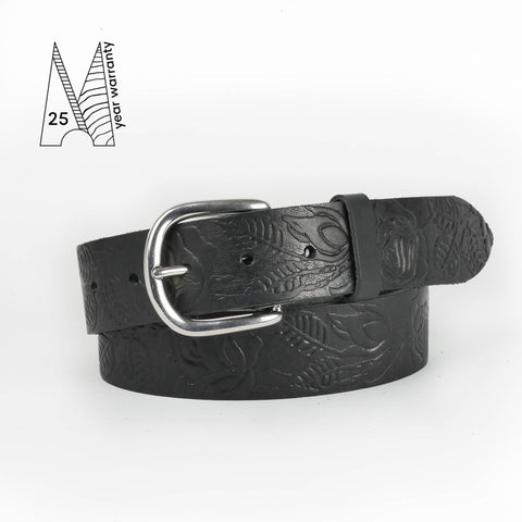 Rose & Leaf Tooled 1 1/2" Black Classic Belt